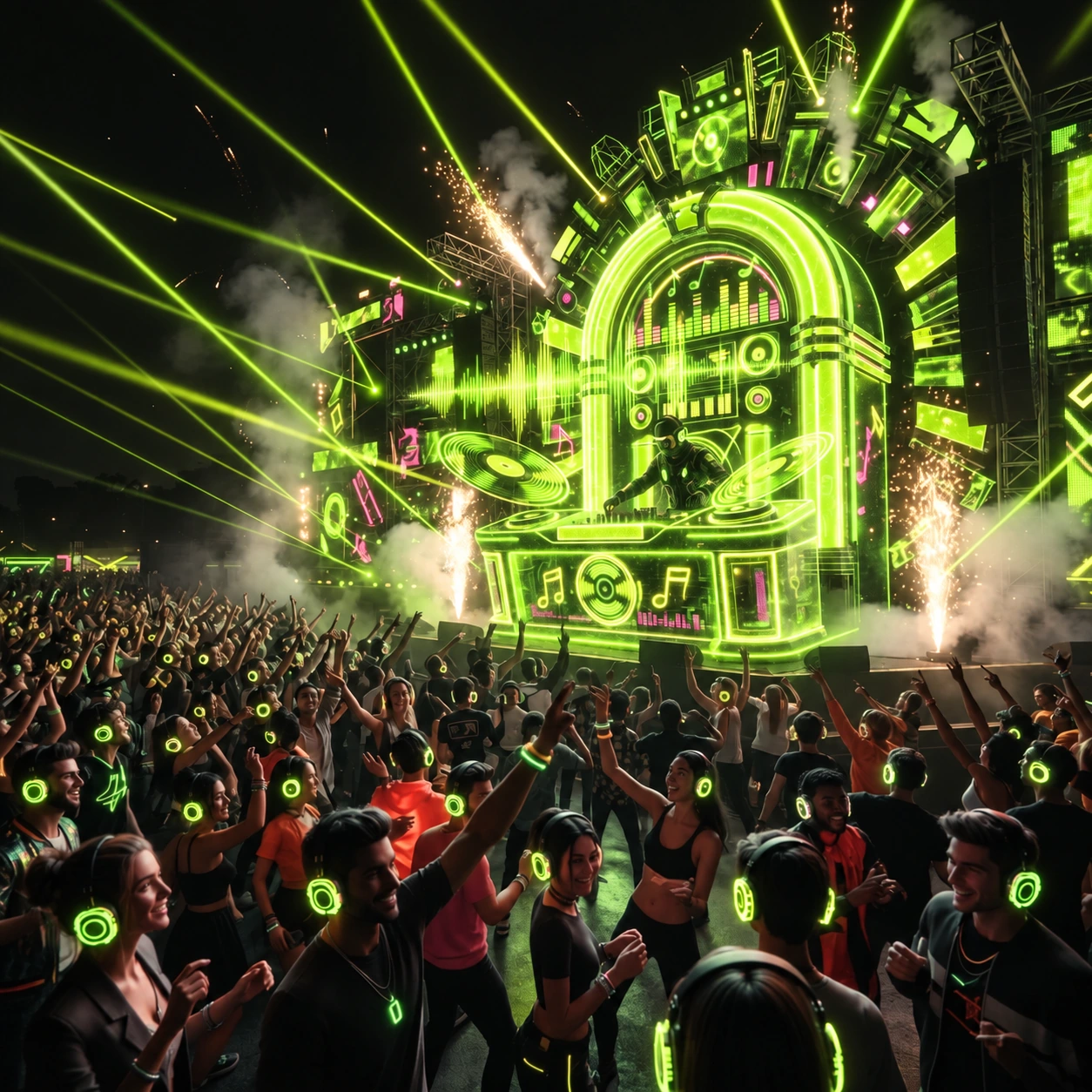 POPA festival vision: a glowing neon jukebox stage with a DJ and an energetic crowd