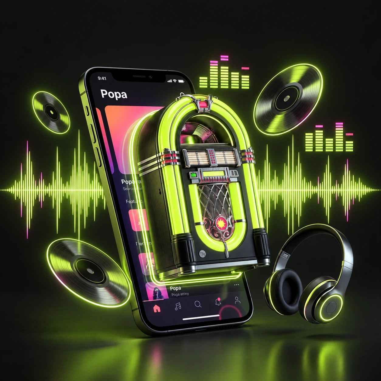 POPA's digital jukebox vision: a glowing neon jukebox emerging from a smartphone, surrounded by records and colourful sound waves